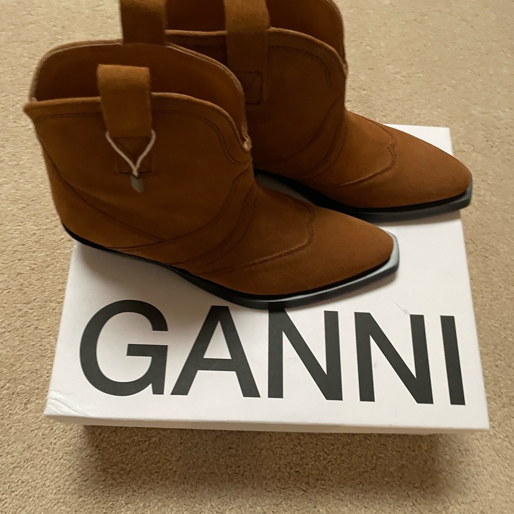 Ganni Tobacco Brown Suede Ankle Boots